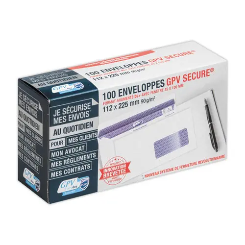 100 Witte Secure enveloppen - 112x225 mm - Venster 45X100 mm - 90g - GPV