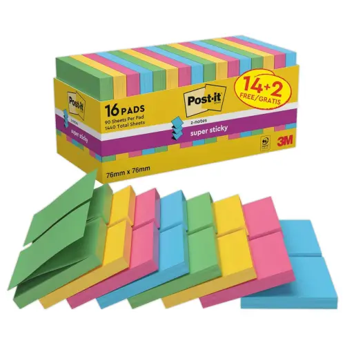 016 Blokken super sticky herpositioneerbare Z-Notes 7,6 x 7,6 cm - Diverse kleuren - 12 + 4 gratis - POST-IT