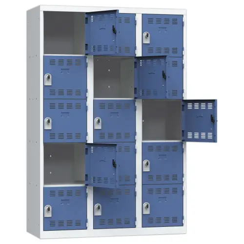 Kleerkast met verschillende kluisjes - 3 kolommen met 5 vakken - Grijs/blauw - VINCO INDUSTRIE