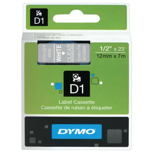 Ruban voor DYMO D1 etiketteermachine 12mm transparant met witte opdruk