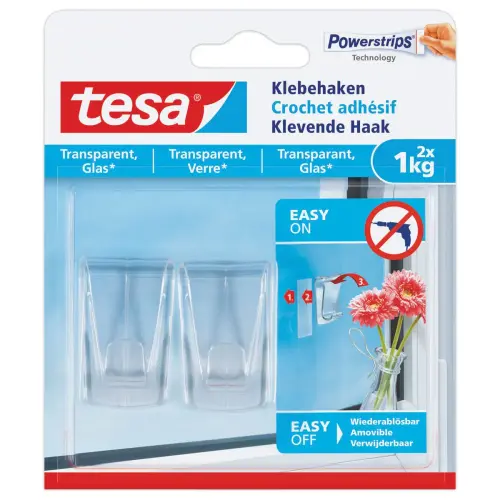 2 Zelfklevende haken voor transparante oppervlakken 1 kg - Set van 2 - TESA