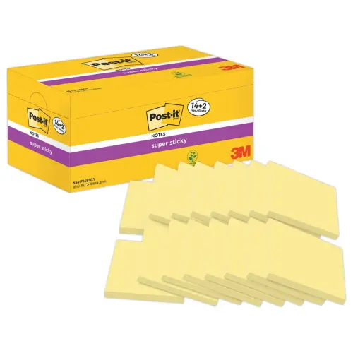 016 Super sticky herpositioneerbare memoblaadjes - 76 x 76 mm Geel - 2 gratis - POST-IT