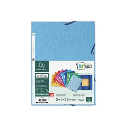 10 Mappen met 3 flappen en elastiek EXACOMPTA glanskarton, Kl.Assortiment