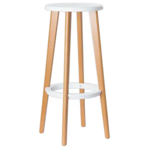 2 Houten WOODY krukken met beukenpoot en witte zitting, gemonteerd