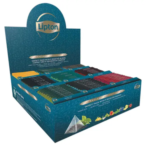 Coffret Lipton theeën en infusies met 108 zakjes.