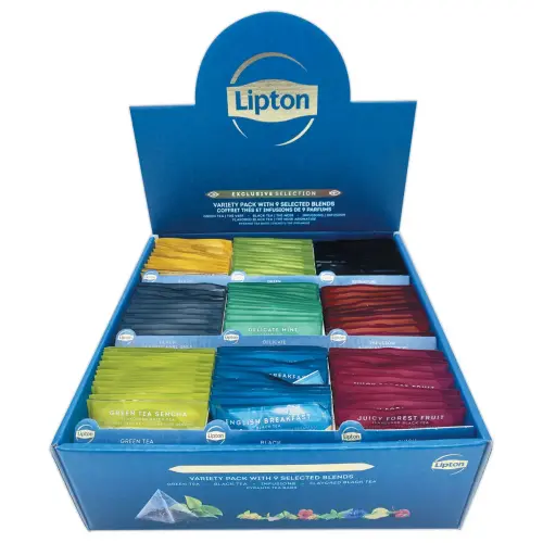 Coffret Lipton theeën en infusies met 108 zakjes.