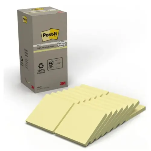 016 Gerecycleerde herpositioneerbare memoblaadjes - 76 x 76 mm - Geel - Pak van 16 - POST-IT