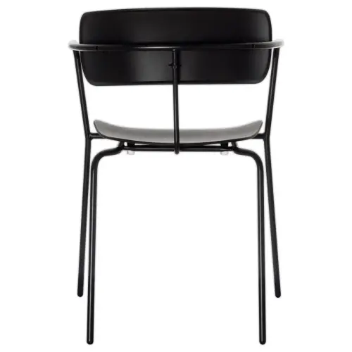 2 Bistrostoelen met zwarte poten en zwarte zitting, gemonteerd