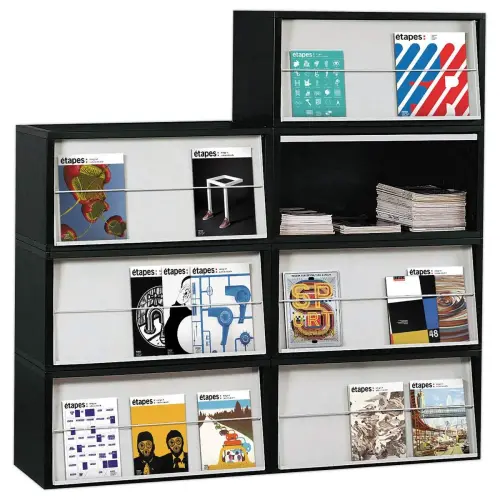 Modulair Multibloc-display in zwart polystyreen met grijze deur