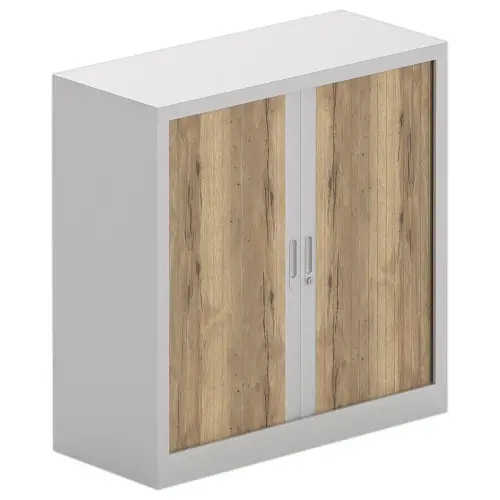 Lage kast met rolgordijnen in metaalkleur en gevlamde eik - 100x100 cm