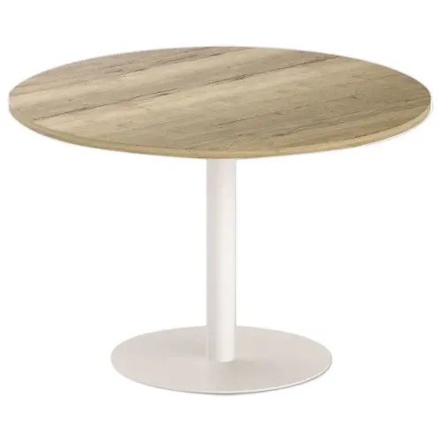 Ronde tafel diam 116 cm blad van geaderd eiken, witte tulpenvoet 