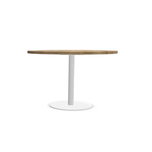 Ronde tafel diam 116 cm blad van geaderd eiken, witte tulpenvoet 