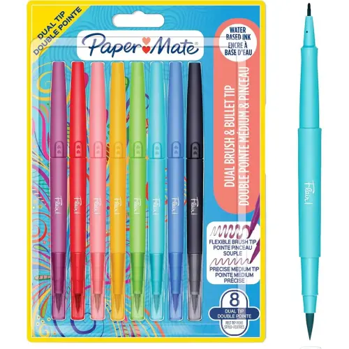 PAPERMATE FLAIR DUAL schrijffilmpje - dubbele punt - medium 0,7 mm en penseel - assorti kleuren - set van 8