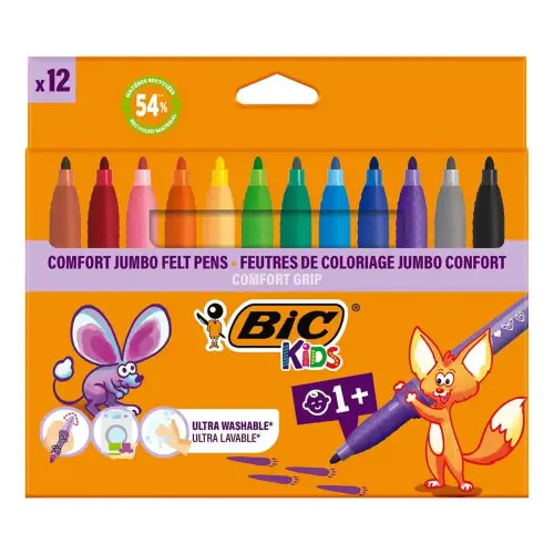 BIC COMFORT GRIP kleurstift - driehoekig lichaam met grip - extra brede punt - uitwasbare inkt - assorti kleuren - set van 12