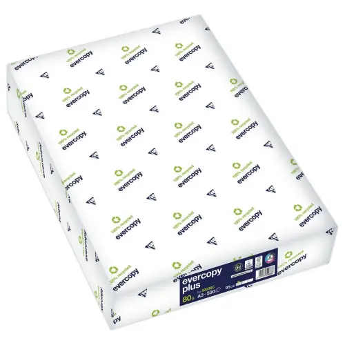 5 Pakken van 500 vellen wit 100% recycled A3 papier 80g EVERCOPY