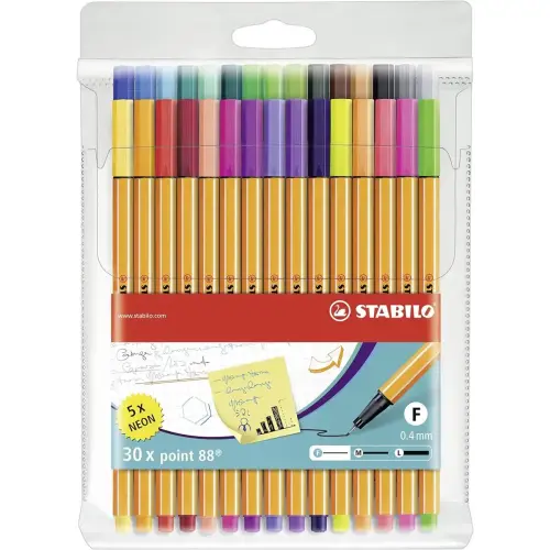 Stabilo fineliner pen point 88 - extra fijne punt 0,4 mm - assorti kleuren, inclusief 5 fluorescerende - Set van 30
