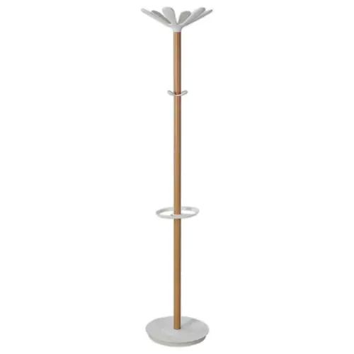 Kapstok - 10 haken + paraplubak - Hout en wit metaal - ALBA