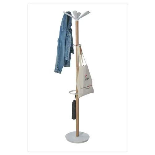 Kapstok - 10 haken + paraplubak - Hout en wit metaal - ALBA