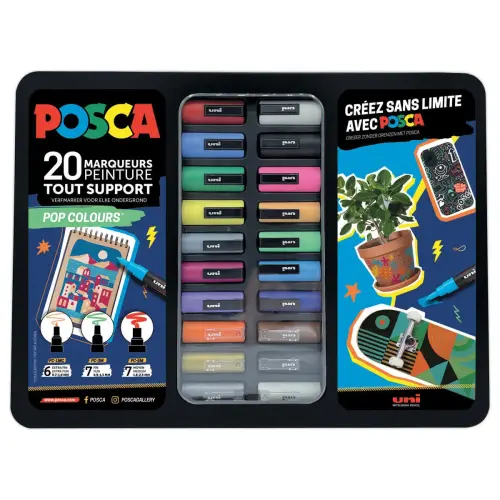 20 Verfstiften POSCA - 3 puntgroottes en kleurassortiment.