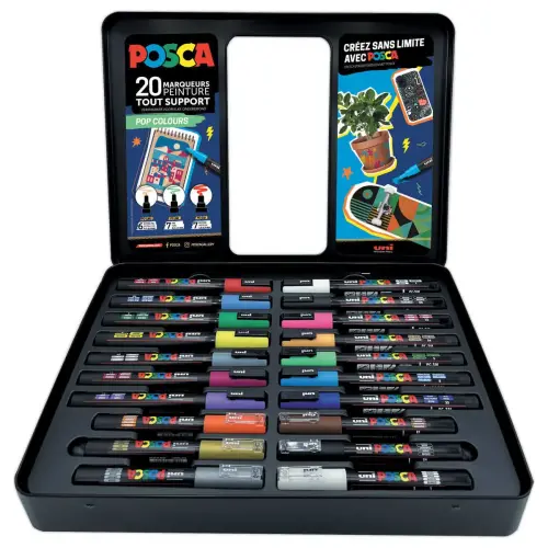 20 Verfstiften POSCA - 3 puntgroottes en kleurassortiment.