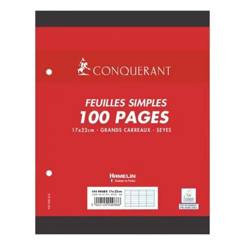 Losse enkelvoudig geperforeerde blad CONQUERANT 17X22cm - Séyès 90g - pak van 200
