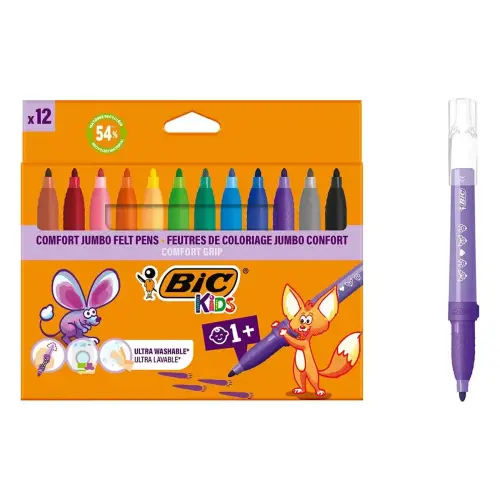 BIC COMFORT GRIP kleurstiften - driehoekig lichaam met grip - extra brede punt - uitwasbare inkt - assorti kleuren - set van 96 