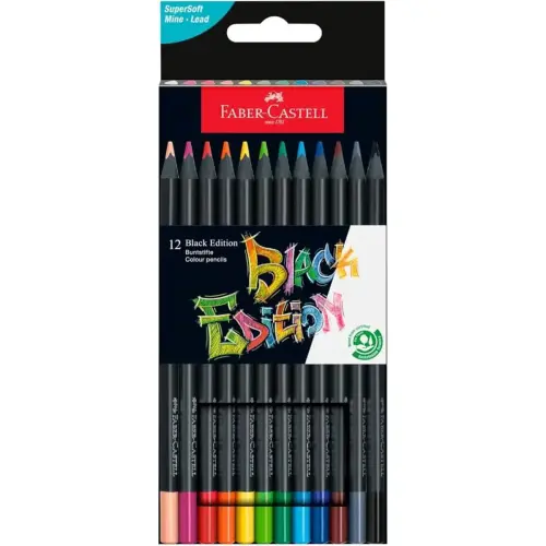 Kleurpotlood FABER CASTELL - zwart hout, extra zachte 3mm punt - assorti kleuren - set van 12