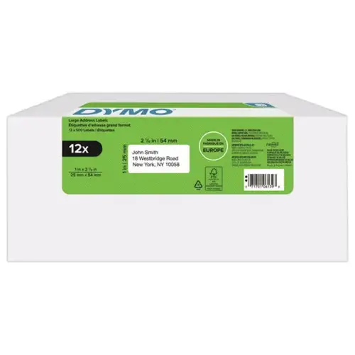 12  Rollen van 500 witte etiketten 25x54mm voor DYMO Label Writer 