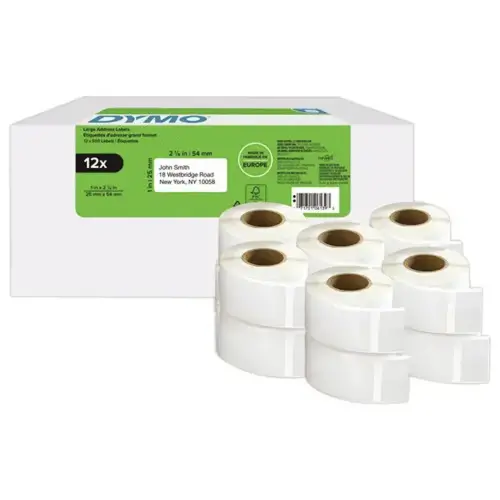 12  Rollen van 500 witte etiketten 25x54mm voor DYMO Label Writer 