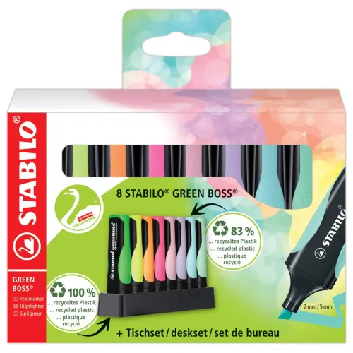 8  Markeerstiften STABILO Green Boss + bureausteun 