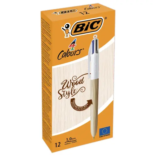 BIC balpen houtmotief - 4 kleuren - medium schrift