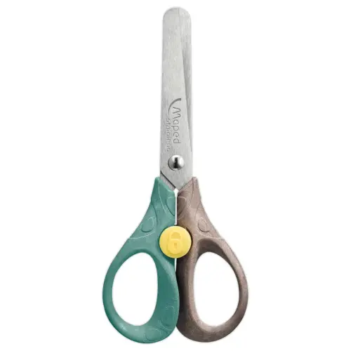 Veiligheidsschaar 13 cm SMILING PLANET, veiligheidsknop, van FSC®-hout