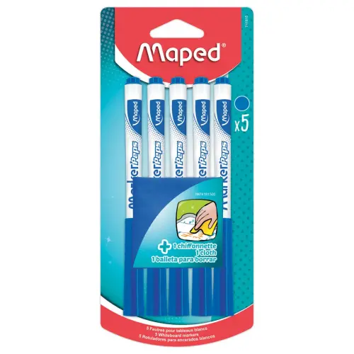 5 uitwisbare stiften MARKER'PEPS blauw + 1 doekje