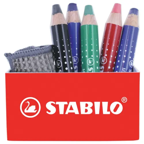 Magnetische pot 5 STABILO MarkDry potloden + slijper + doekje