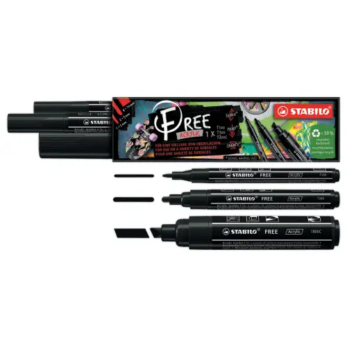 3 verfmarkeerstiften STABILO FREE - zwarte acryl inkt - mix van punten