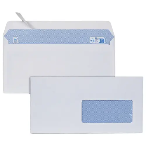 500  witte enveloppen 110x220 mm 75g venster 45x100 siliconen band 