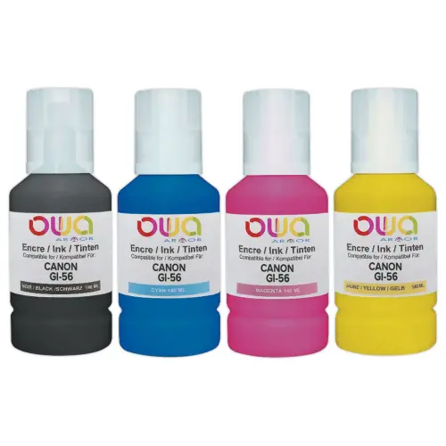 Pack 4 inktflessen zwart en kleuren OWA compatibel Canon GI-56