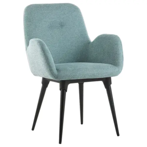 2 Lichtblauwe stoffen fauteuils met 4 gemonteerde metalen poten