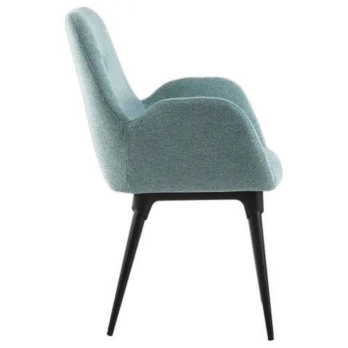 2 Lichtblauwe stoffen fauteuils met 4 gemonteerde metalen poten