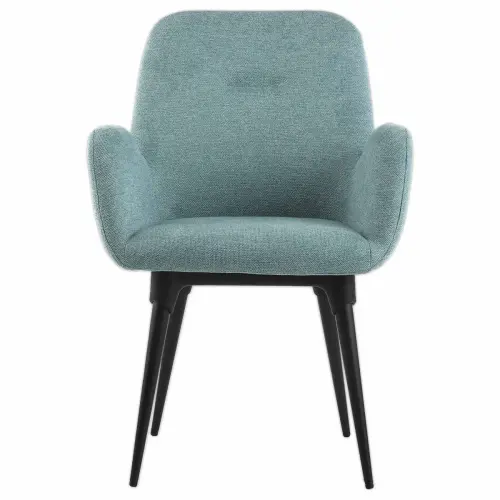 2 Lichtblauwe stoffen fauteuils met 4 gemonteerde metalen poten