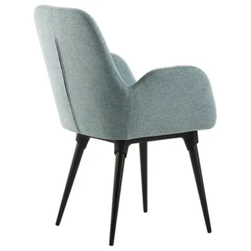 2 Lichtblauwe stoffen fauteuils met 4 gemonteerde metalen poten