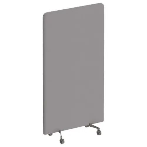 Akoestische wand grijs stof met zilveren wielen 190 x 100 cm gemonteerd