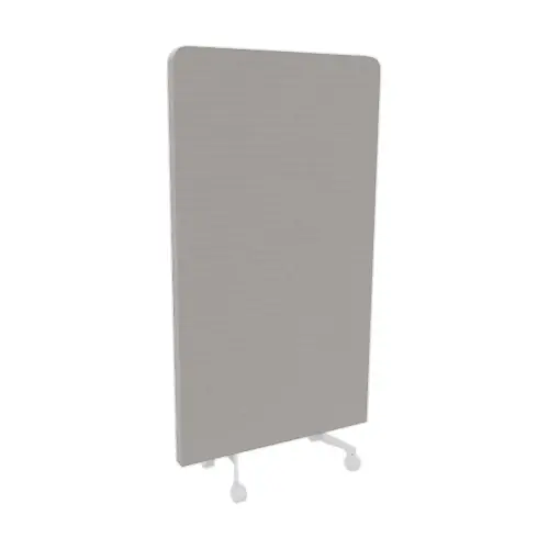 Geluiddichte wand grijs stof met witte wielen 190 x 100 cm gemonteerd 