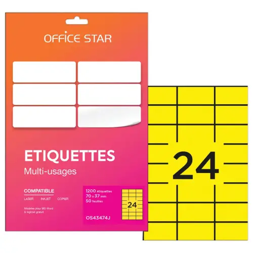 50 etiketten vellen L70xH37mm, 1200 etiketten/ doos, geel