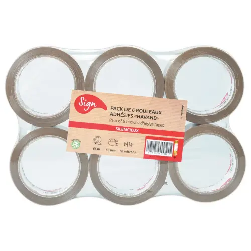 6 Rollen polypropyleen verpakkingsplakband havana - 66 m x 48 mm 50 µ