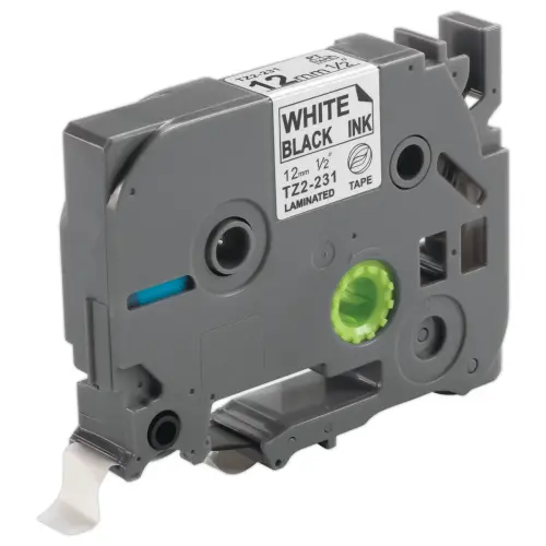 Ruban comp BROTHER TZE 231 12mm wit met zwarte opdruk