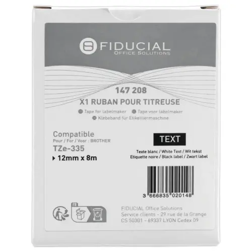 Ruban comp BROTHER TZE 335 12mm zwart met witte opdruk 