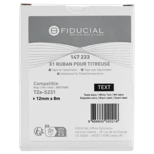 Ruban comp BROTHER TZSE 231 12mm wit met zwarte afdruk LAM