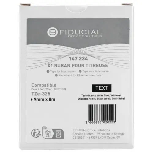 Ruban comp BROTHER TZE 325 9mm zwart met witte afdruk 