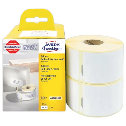 2 Rolletjes van 260 witte labels 36x89 mm voor DYMO LW 450